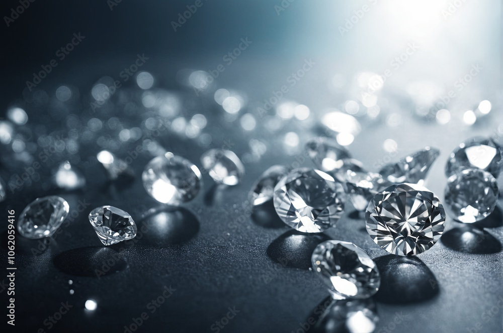 Poster A collection of sparkling diamonds is scattered across a dark surface, reflecting light in various directions, creating a dazzling visual effect that highlights their brilliance