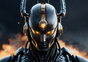 A sleek humanoid robot with a shiny black exterior and glowing lights. The robot's design is futuristic, with smooth, streamlined features.