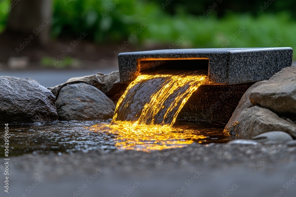 Poster sunlight reflecting on water as it flows toward a drain, creating a glowing, warm effect, capturing 
