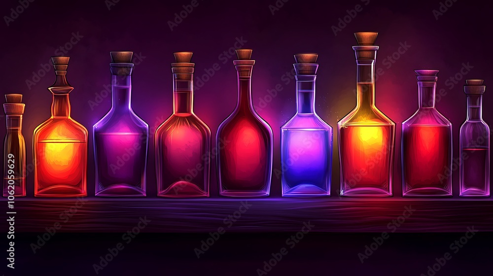 Poster colorful bottles displayed on a shelf