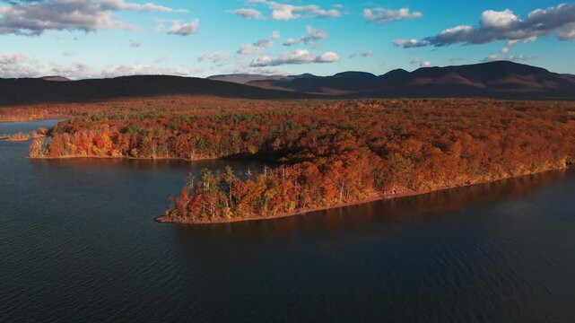 Aerial view of the Ashokan Reservoir at sunrise, capturing vibrant autumn foliage in shades of gold