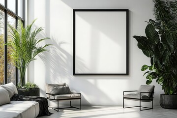 A minimalist living space featuring a large empty frame on the wall, complemented by modern furniture and lush green plants.