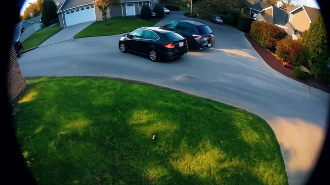 Security camera record video of cars on suburban driveway pov. Surveillance cam point of view. Peaceful neighborhood. CCTV system installed on city street, scan the area, home external outside safety.