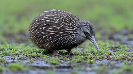 A brown kiwi bird with a long beak foraging for food in a mossy field.