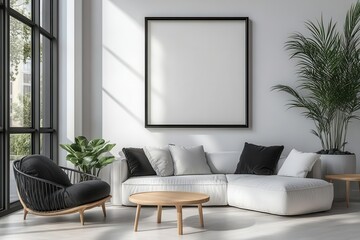 A modern, minimalist living room featuring a large empty frame, stylish furniture, abundant natural light, and indoor plants.