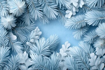 Watercolor illustration of frosted pine branches, capturing the cool and gentle touch of winter on nature in light, airy strokes, symbolizing softness and beauty