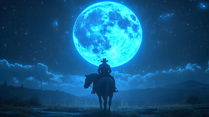 Silhouette of Cowboy Riding Horse Under a Blue Moon Illustration
