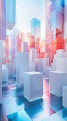 Fototapeta premium Creative Abstract Marketing Background Featuring a 3D Rendered Digital City with Holographic Neon Lights, Constructed from White and Blue Striped Cardboard Boxes, Creating a Futuristic Urban Landscape
