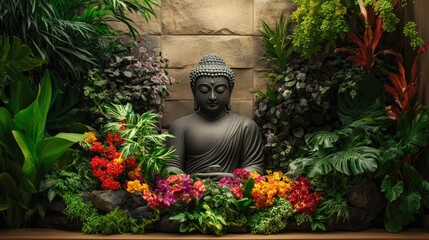 A beautifully arranged Buddha statue nestled among vibrant flowers and plants, set against a soft background, symbolizing serenity and natural beauty.