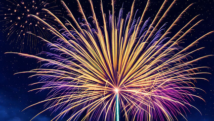 Obraz premium a vibrant cityscape photograph featuring a nighttime skyline with a series of large, colorful fireworks exploding in the sky. The fireworks display a range of colors,