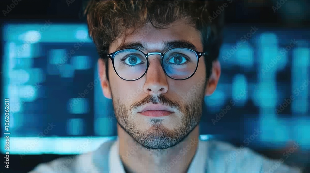 Poster young data analyst analyzes complex information in high-tech environment to drive insightful decisio