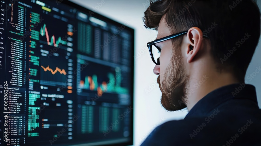 Poster data analyst monitors financial trends using advanced analysis tools on a high-resolution screen
