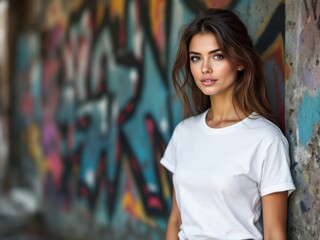 Fototapeta premium A fashionable young woman stands against a vibrant graffiti wall, wearing a casual white shirt