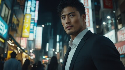 ネオンサインのある賑やかな都会のナイトライフシーンで自信に満ちたビジネスマン