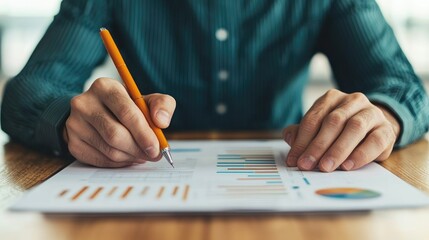 Professional analyst evaluates data trends using statistical charts and graphs for informed business decisions