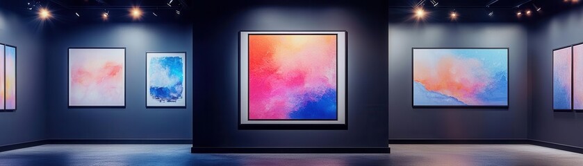 A modern art gallery showcasing vibrant abstract paintings with a colorful palette, illuminated by spotlights against a dark backdrop.
