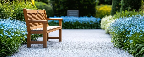 Visualization of a memorial garden filled with forgetmenot flowers, with a bench and a small dedication plaque, Forgetmenot memorial garden, Peaceful and reflective