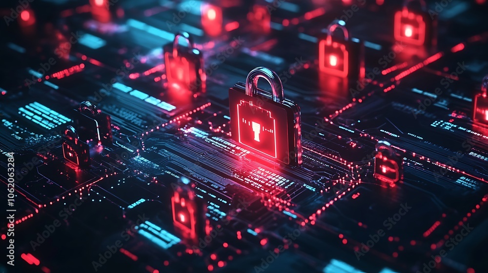 Poster circuit pathways and lock symbolize strong cybersecurity and defense mechanisms.
