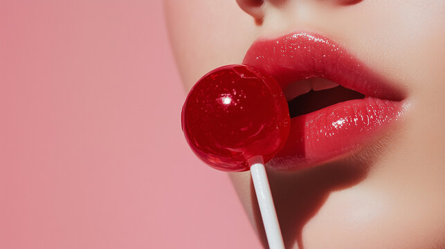 Glossy lips with red lollipop close-up, Beauty shot of vibrant lips with candy accent. Close-up. cosmetic shot, beauty industry advertising photo.
