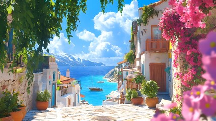 A picturesque scene of the island with its colorful houses, lush greenery, and crystal-clear waters in Greece, in the style of a paint