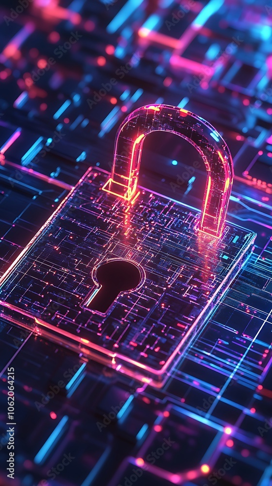 Poster cyber defense concept represented by a lock with circuit design.