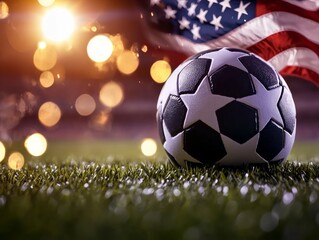 Fototapeta premium A soccer ball resting on grass with a blurred American flag and bokeh lights in the background, symbolizing sports and patriotism.
