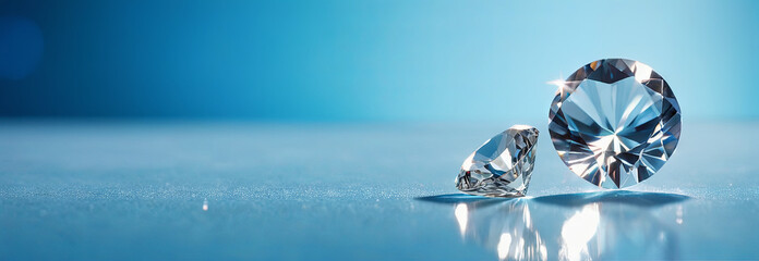 Two beautifully cut diamonds rest on a smooth surface, glistening under soft light that highlights their intricate facets against a serene blue background