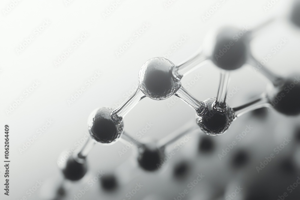 Poster close up of a molecule with a lot of spheres. the spheres are connected to each other in a chain. co