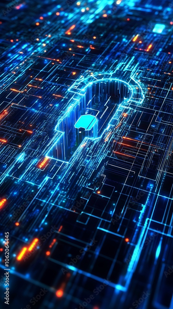 Poster lock and circuit pathways depict strong data protection and security.