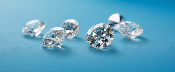 Multiple clear diamonds are scattered artistically on a bright blue surface, reflecting light and showcasing their exquisite brilliance and clarity