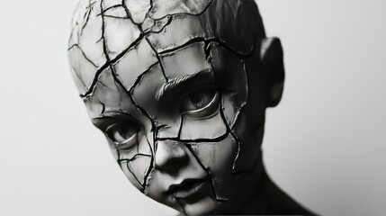 A chilling image of a doll with cracked features and a melancholic expression, posed against a plain white background, creating an atmosphere of mystery and unease.