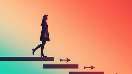 Obraz premium Businesswoman walking on path of arrows, focused on reaching goals