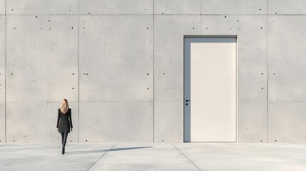 Businesswoman walking towards large door, symbolizing opportunity and risk