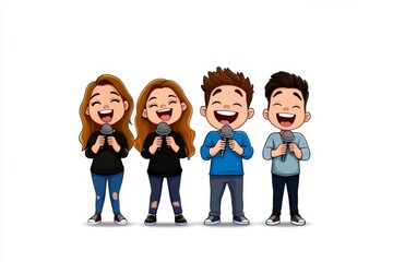 a 2D cartoon illustration of a group practicing choir music harmonious and united white background