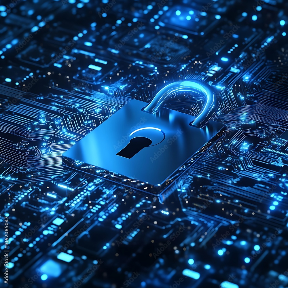 Poster data protection emphasized by a lock incorporating intricate circuit pathways.