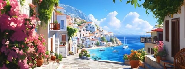 A picturesque scene of the island with its colorful houses, lush greenery, and crystal-clear waters in Greece, in the style of a paint