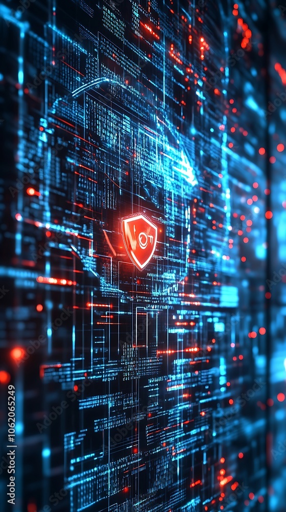 Poster cybersecurity visualization highlights lock mechanism with integrated circuit pathways.