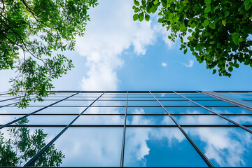 A sustainable green building build with eco friendly concept. Green Leaves with glass building