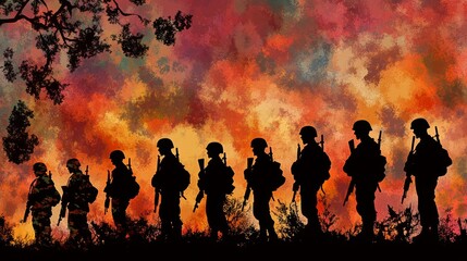 Silhouette of Soldiers in Combat Zone with Sunset Sky