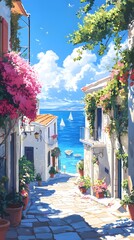 A picturesque scene of the island with its colorful houses, lush greenery, and crystal-clear waters in Greece, in the style of a paint
