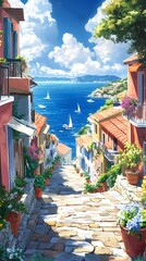 A picturesque scene of the island with its colorful houses, lush greenery, and crystal-clear waters in Greece, in the style of a paint