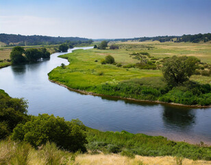 Lush green banks of Firefly River winding through open fields under a clear sky. Generative AI