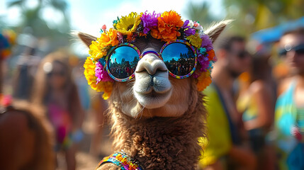 Fototapeta premium Alpaca with Flower Crown and Sunglasses - Realistic Photo