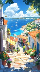 A picturesque scene of the island with its colorful houses, lush greenery, and crystal-clear waters in Greece, in the style of a paint