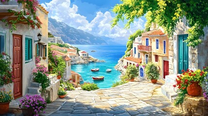 A picturesque scene of the island with its colorful houses, lush greenery, and crystal-clear waters in Greece, in the style of a paint