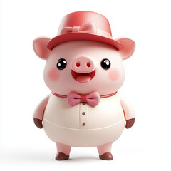 Fototapeta premium Cute Kawaii Pig Character in Bowtie and Hat - Adorable Cartoon Design for Kids