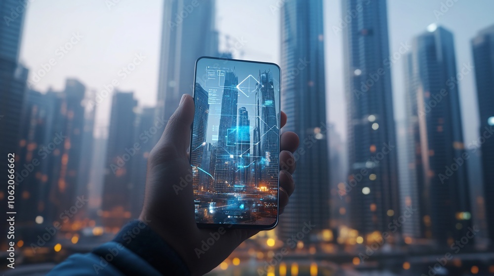 Poster A hand holds a smartphone displaying a city skyline with augmented reality data overlaid.