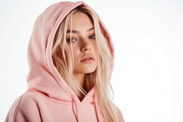 Obraz premium A trendy young woman wearing a pink hoodie, exuding style and fashion confidence.