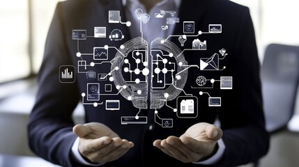 Naklejka premium A businessman confidently holds a digital icon of artificial intelligence, surrounded by various icons representing technology and business concepts in a modern office environment. 