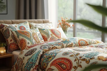 A cozy bedroom featuring a vibrant paisley-patterned bedspread and decorative pillows, accented by natural light and indoor plants.